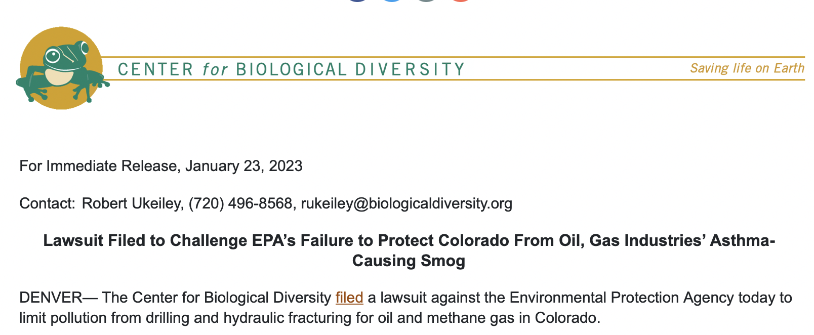 EPA Lawsuit Filed by Center for Biological Diversity